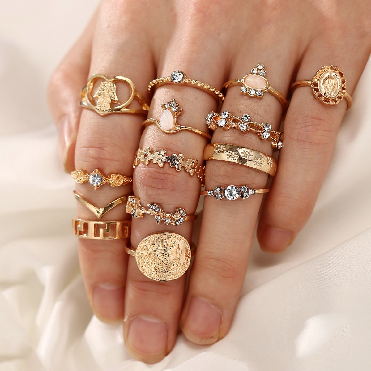 15 Piece Assorted Ring Set With Gemstone  Crystals Goldtone Ring
