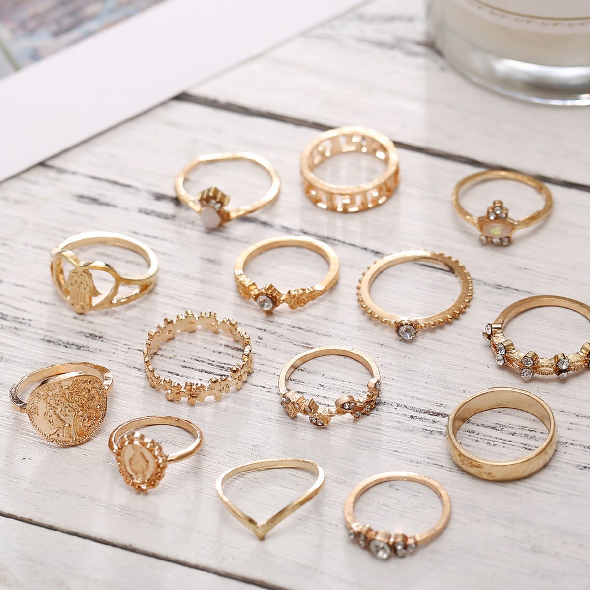 15 Piece Assorted Ring Set With Gemstone  Crystals Goldtone Ring