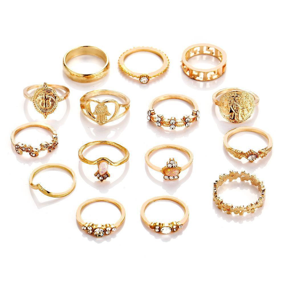 15 Piece Assorted Ring Set With Gemstone  Crystals Goldtone Ring