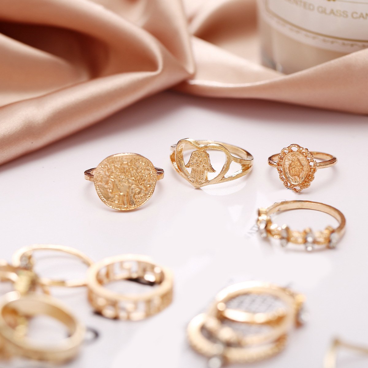 15 Piece Assorted Ring Set With Gemstone  Crystals Goldtone Ring