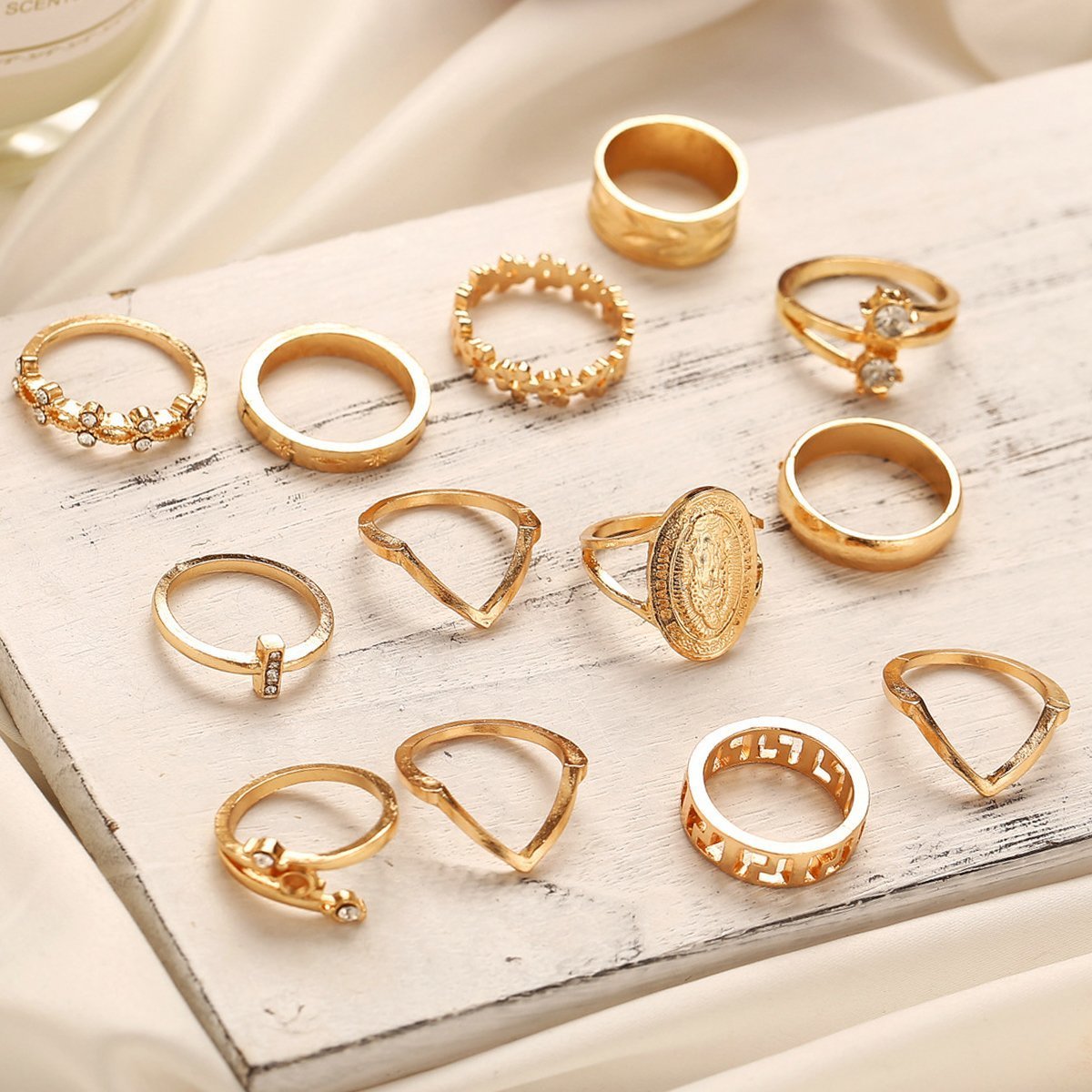 13 Piece Medallion Ring Set With Gemstone  Crystals Goldtone Ring