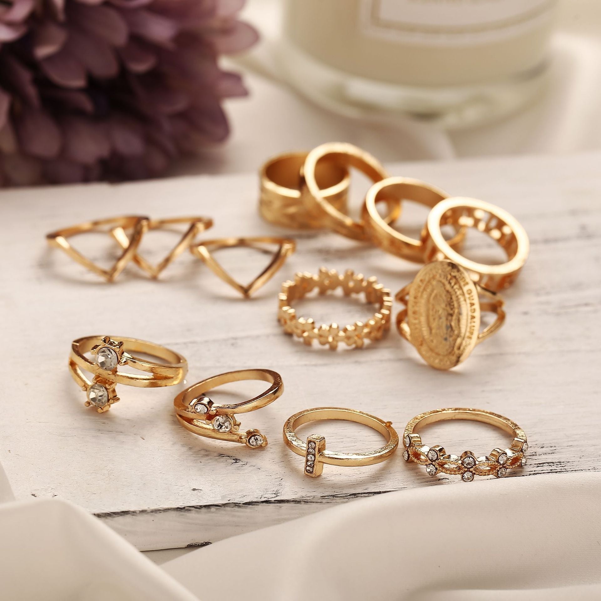 13 Piece Medallion Ring Set With Gemstone  Crystals Goldtone Ring