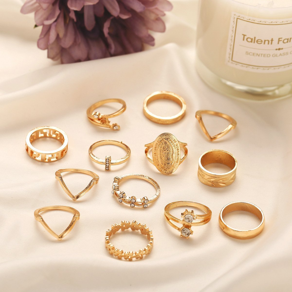 13 Piece Medallion Ring Set With Gemstone  Crystals Goldtone Ring