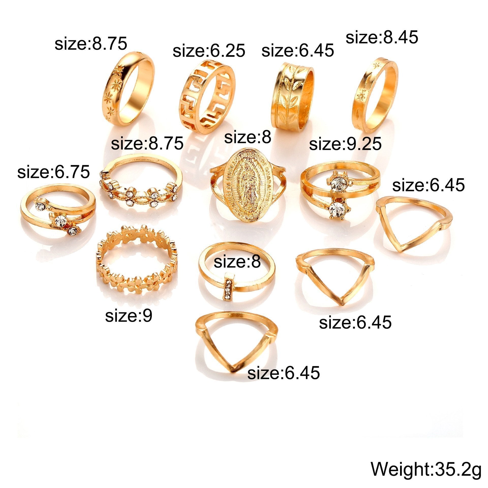 13 Piece Medallion Ring Set With Gemstone  Crystals Goldtone Ring