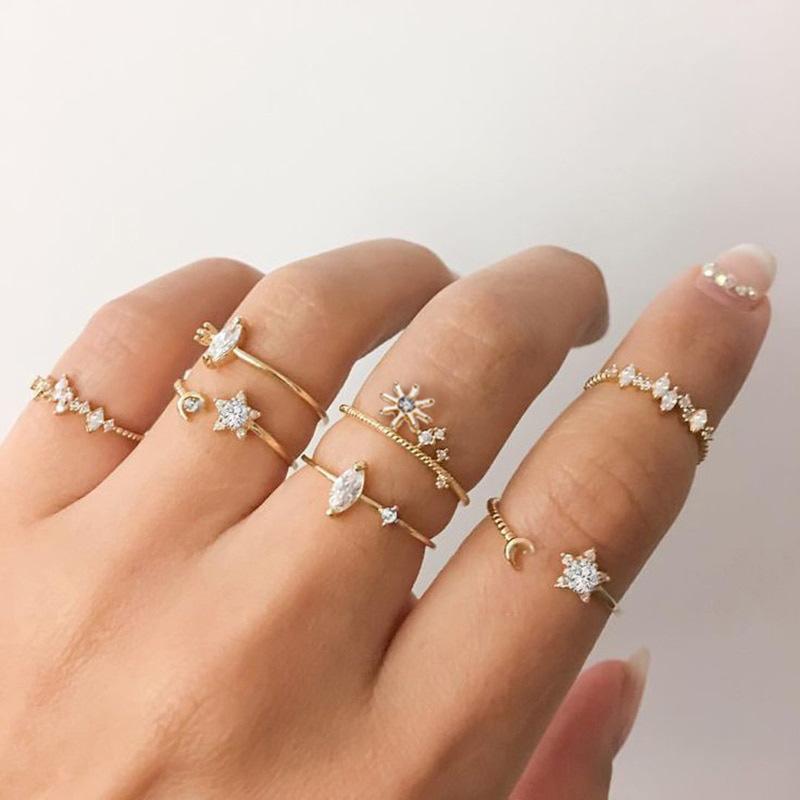 9 Piece Celestial Ring Set With Gemstone  Crystals Goldtone Ring Set