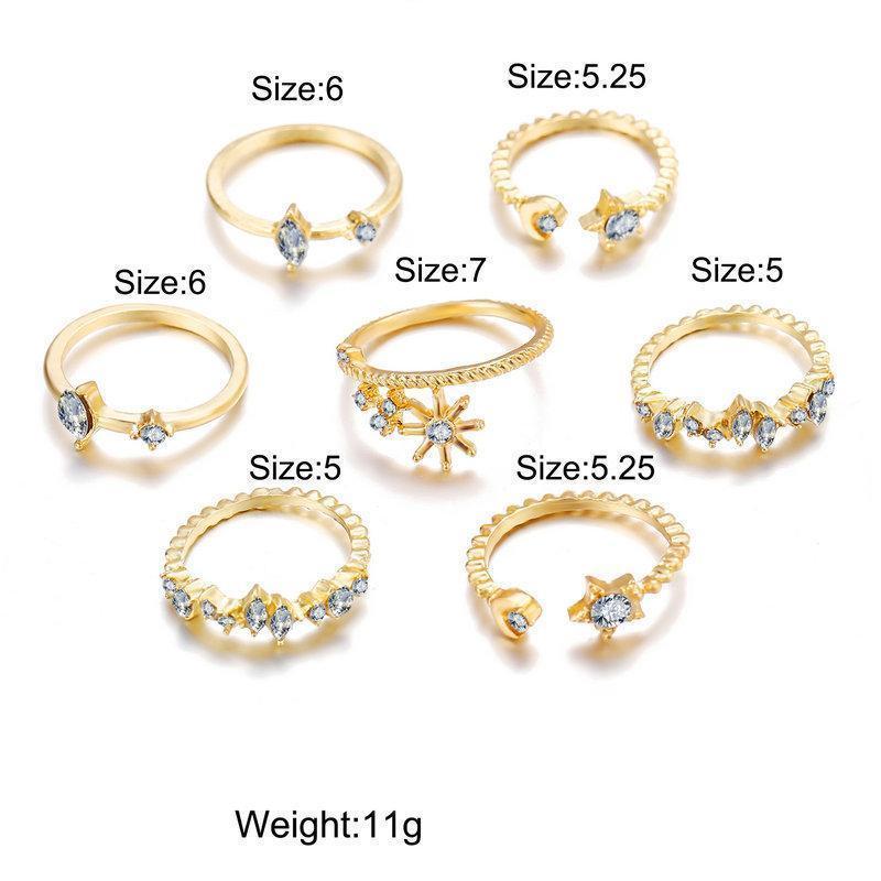 5 Piece Stars Ring Set With Gemstone  Crystals Goldtone Ring
