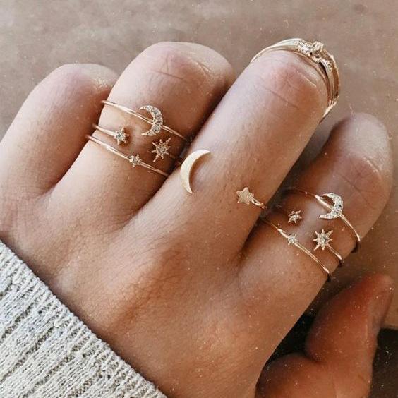 9 Piece Celestial Ring Set With Gemstone  Crystals Goldtone Ring Set