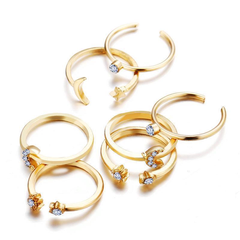 7 Piece Moon & Stars Ring Set With Gemstone  Crystals Goldtone Ring