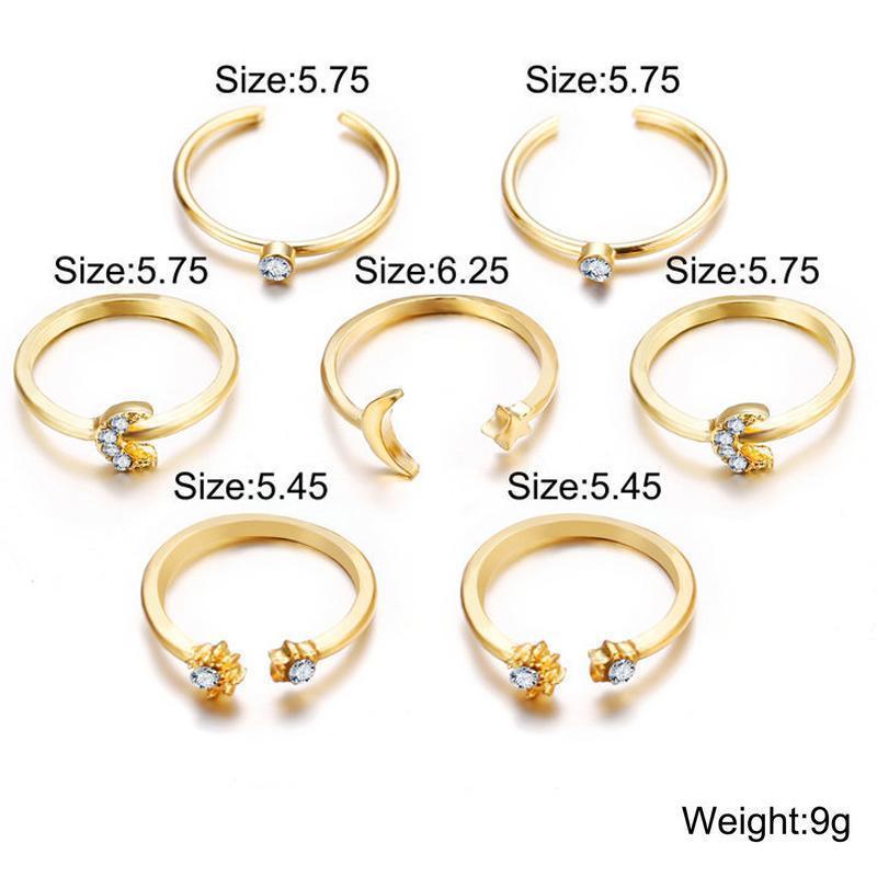 7 Piece Moon & Stars Ring Set With Gemstone  Crystals Goldtone Ring