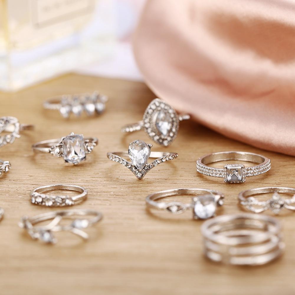 15 Piece Halo Pave Ring Set With Gemstone  Crystals  Silvertone Ring
