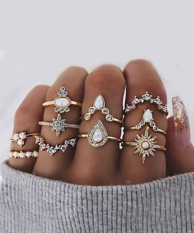 10 Piece Opal Created Ring Set With Gemstone  Crystals Goldtone Ring