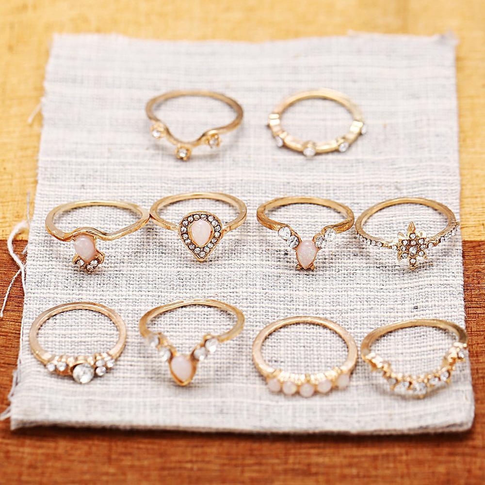 10 Piece Opal Created Ring Set With Gemstone  Crystals Goldtone Ring