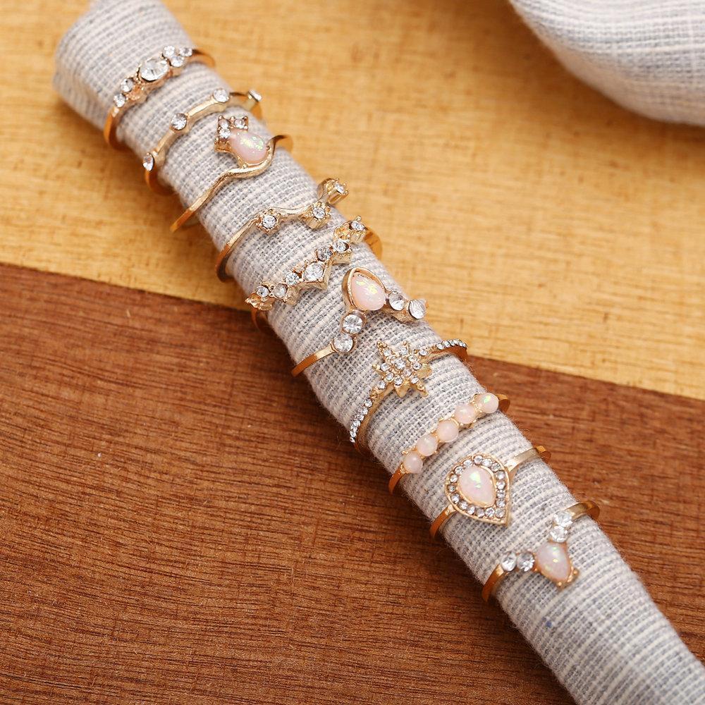 10 Piece Opal Created Ring Set With Gemstone  Crystals Goldtone Ring