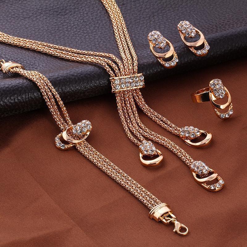 4 Piece Royal Jewelry Set With Gemstone  Crystals Goldtone Set