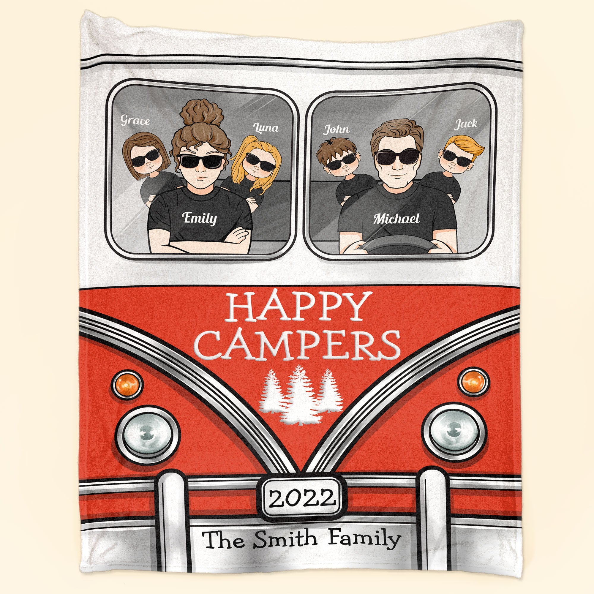 Happy Campers - Personalized Blanket - Birthday, Camping Gift For Family Members, Campers