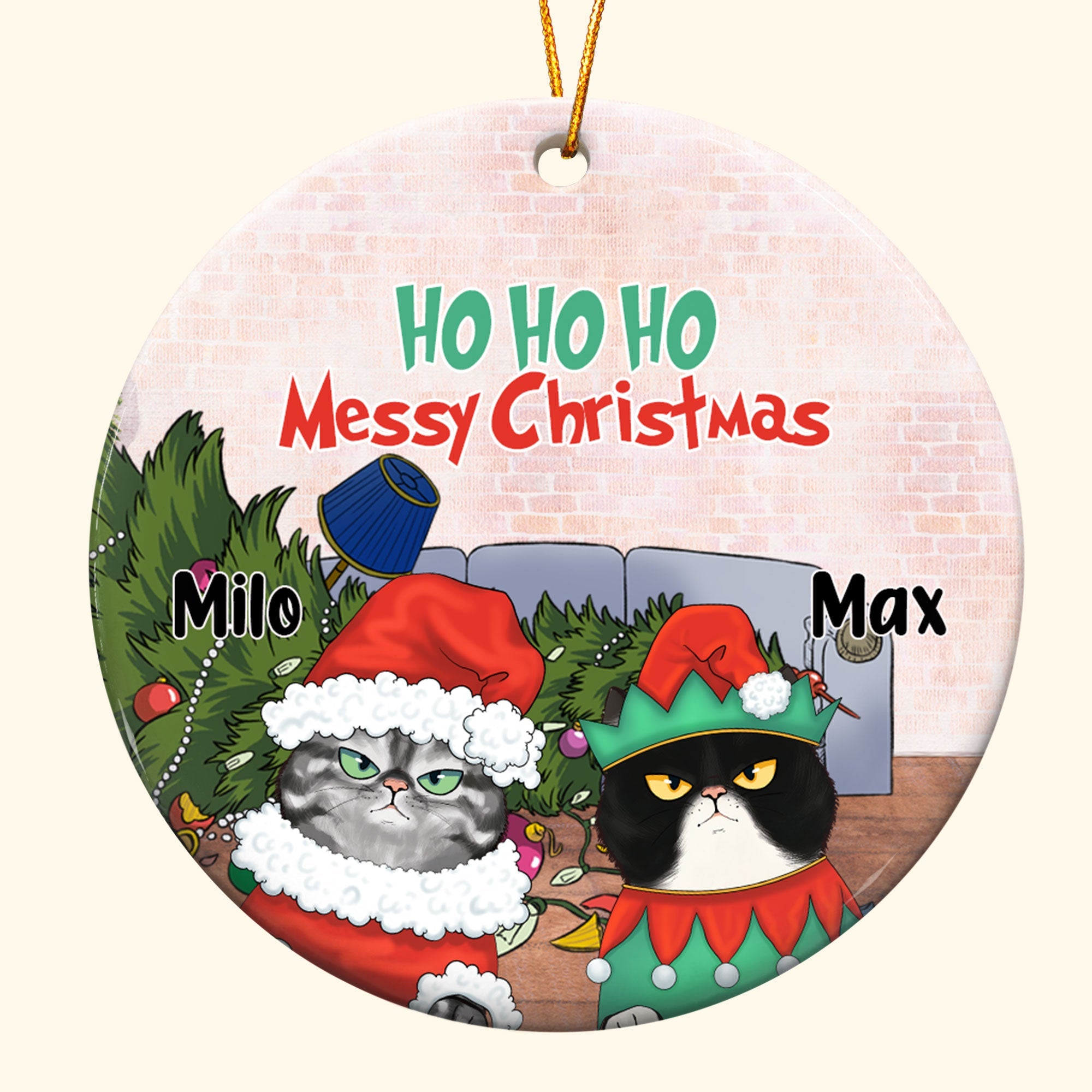 Ho Ho Ho Messy Christmas - Personalized Ceramic Ornament - Christmas Gift For Cat Lovers