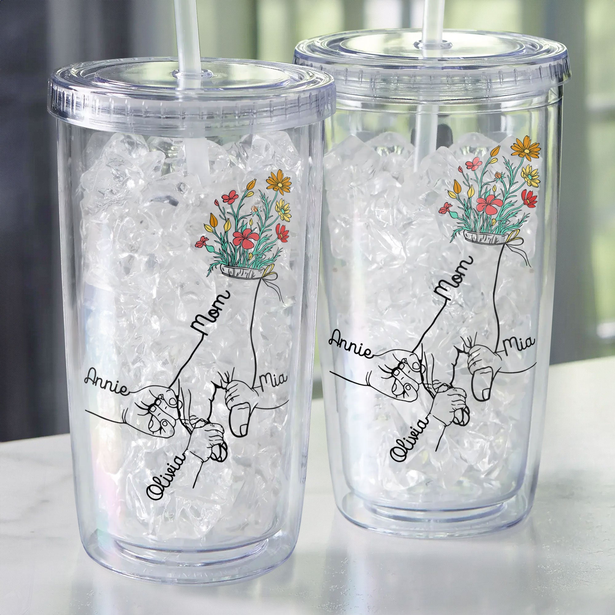 Holding Mom's Hand Wild Floral - Personalized Acrylic Tumbler With Straw