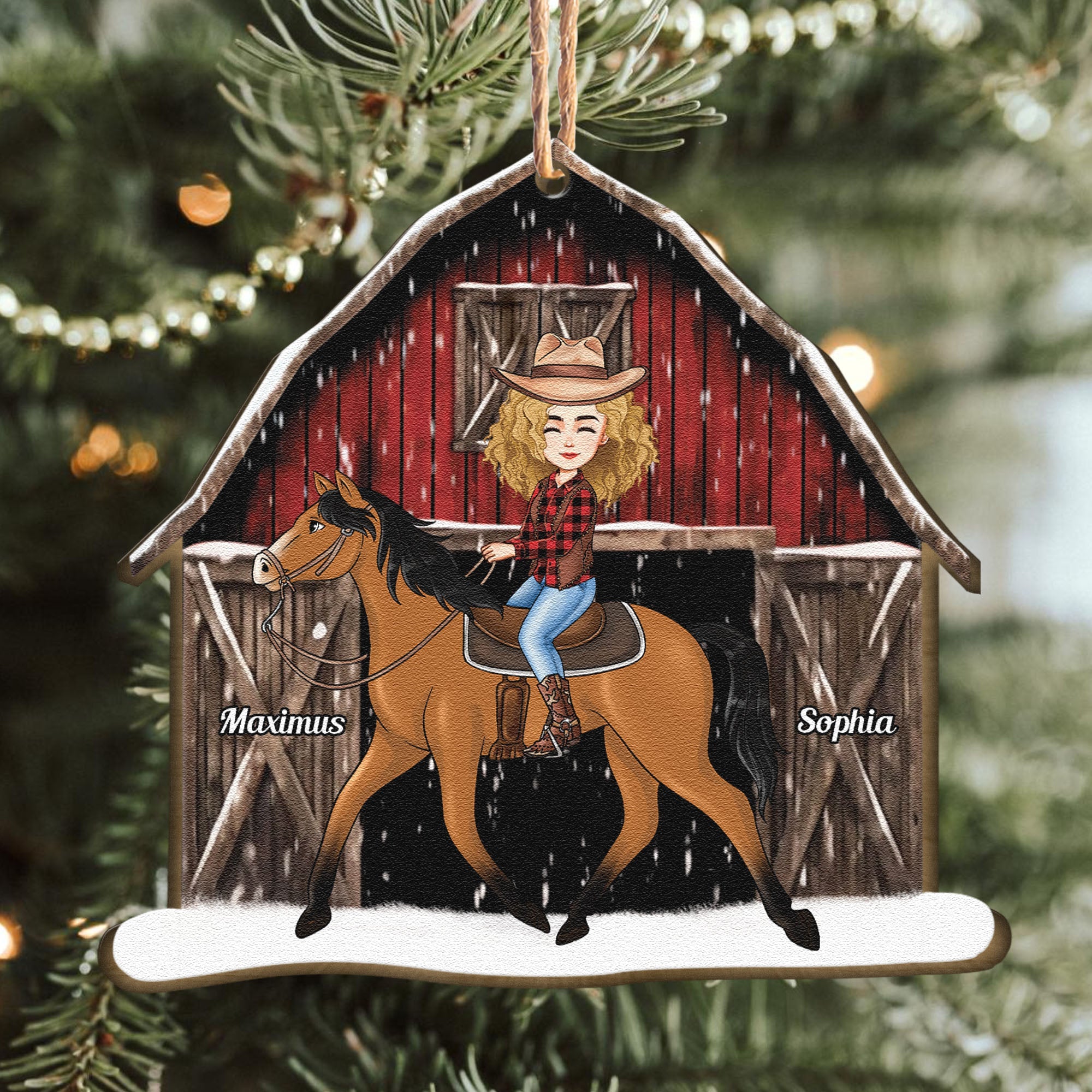 Horse Lovers Girl Riding Horse Red Xmas Barn - Personalized Wooden Ornament - Vintage Ornament