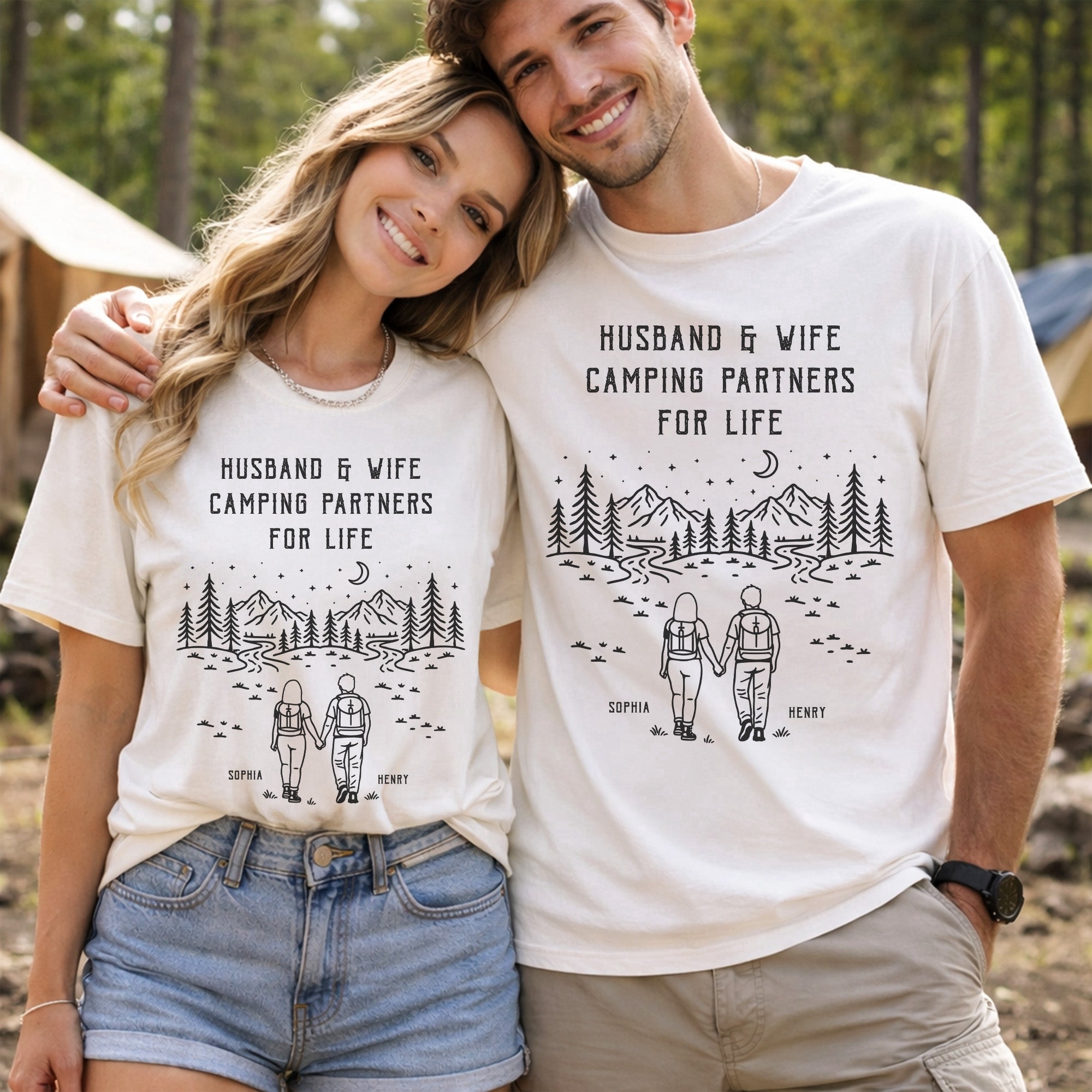 Husband And Wife Camping Partners For Life - Personalized Couple Matching Comfort Tee