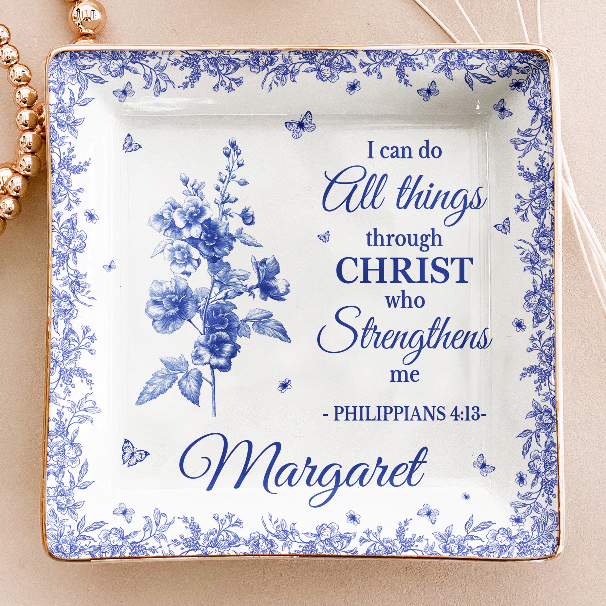 I Can Do All Things Through Christ Toile De Jouy - Personalized Jewelry Dish