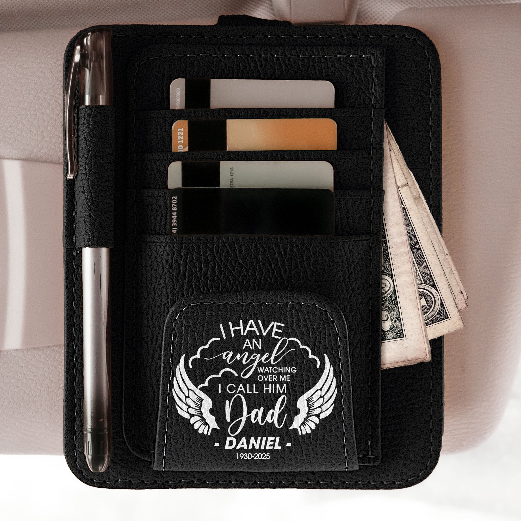 I Have An Angel Watching Over Me - Memorial Gifts - Personalized Leather Car Visor Organizer