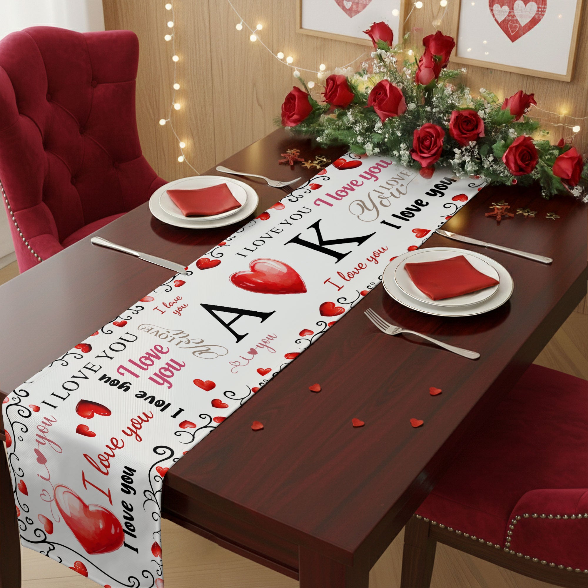 I Love You Red Hearts Gift For Couple - Personalized Table Runner