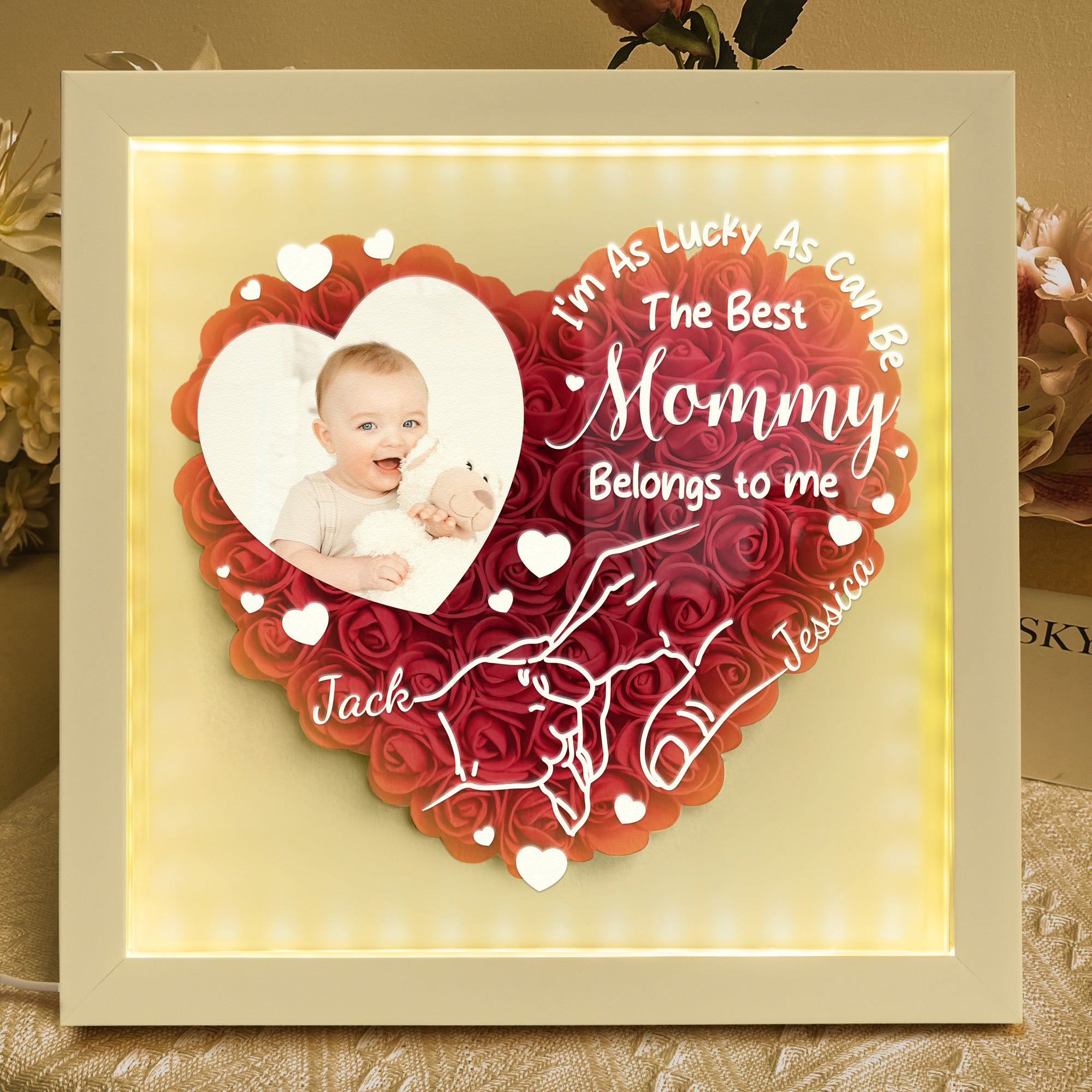 I'm As Lucky As Can Be The Best Mommy Belongs To Me - Personalized Photo Flower Shadow Box With LED Light
