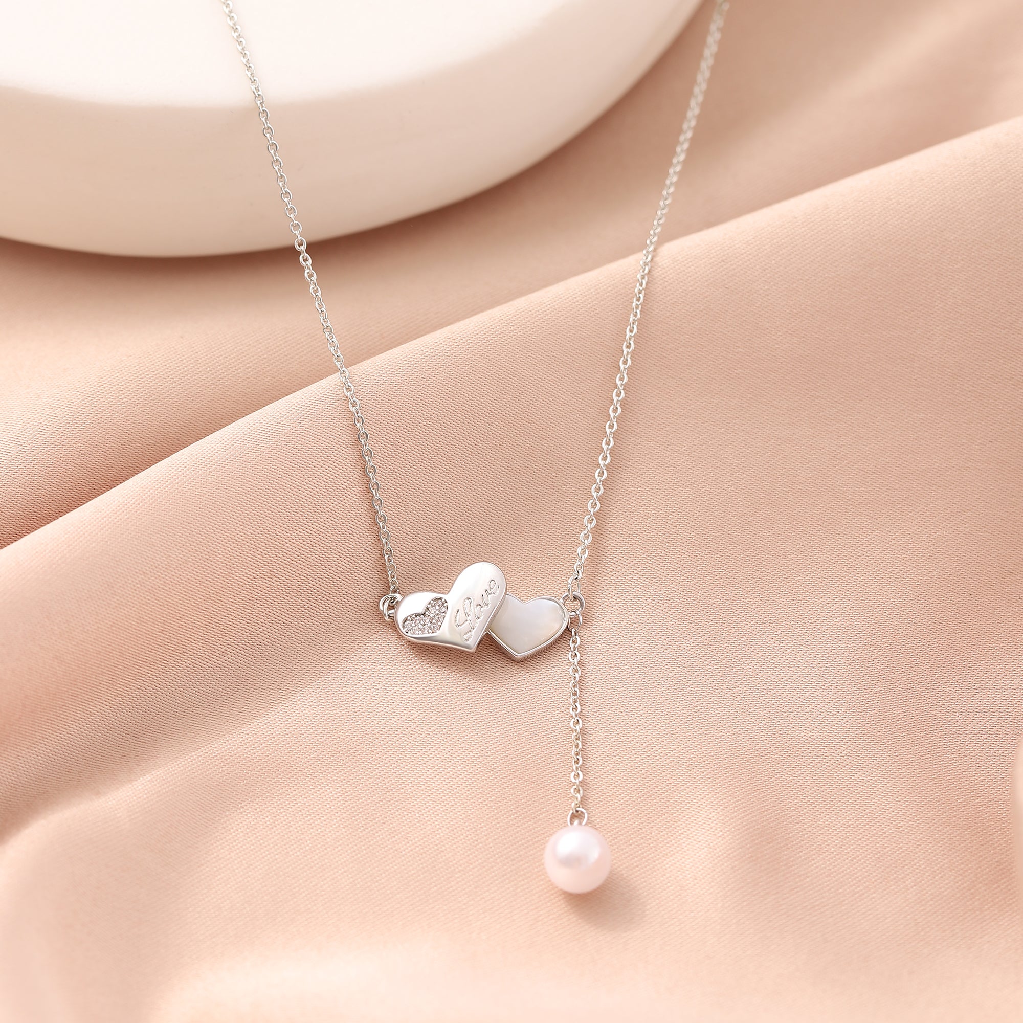  Double Heart Pearl Pendant Necklace for Women-A Loves Gift