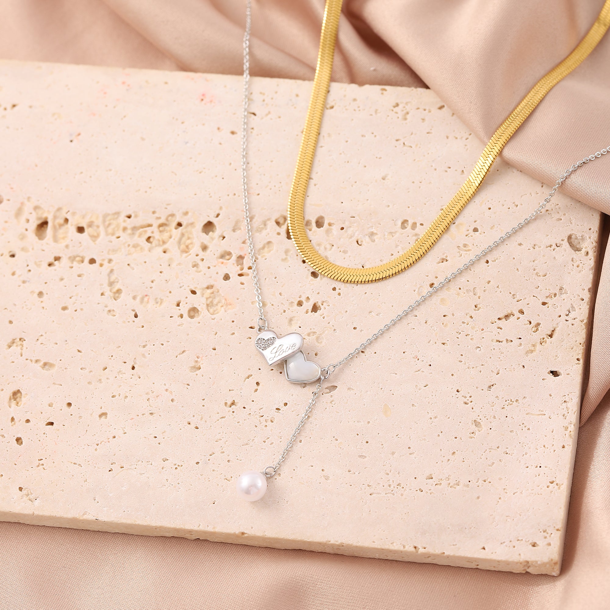   Double Heart Pearl Pendant Necklace for Women-A Loves Gift