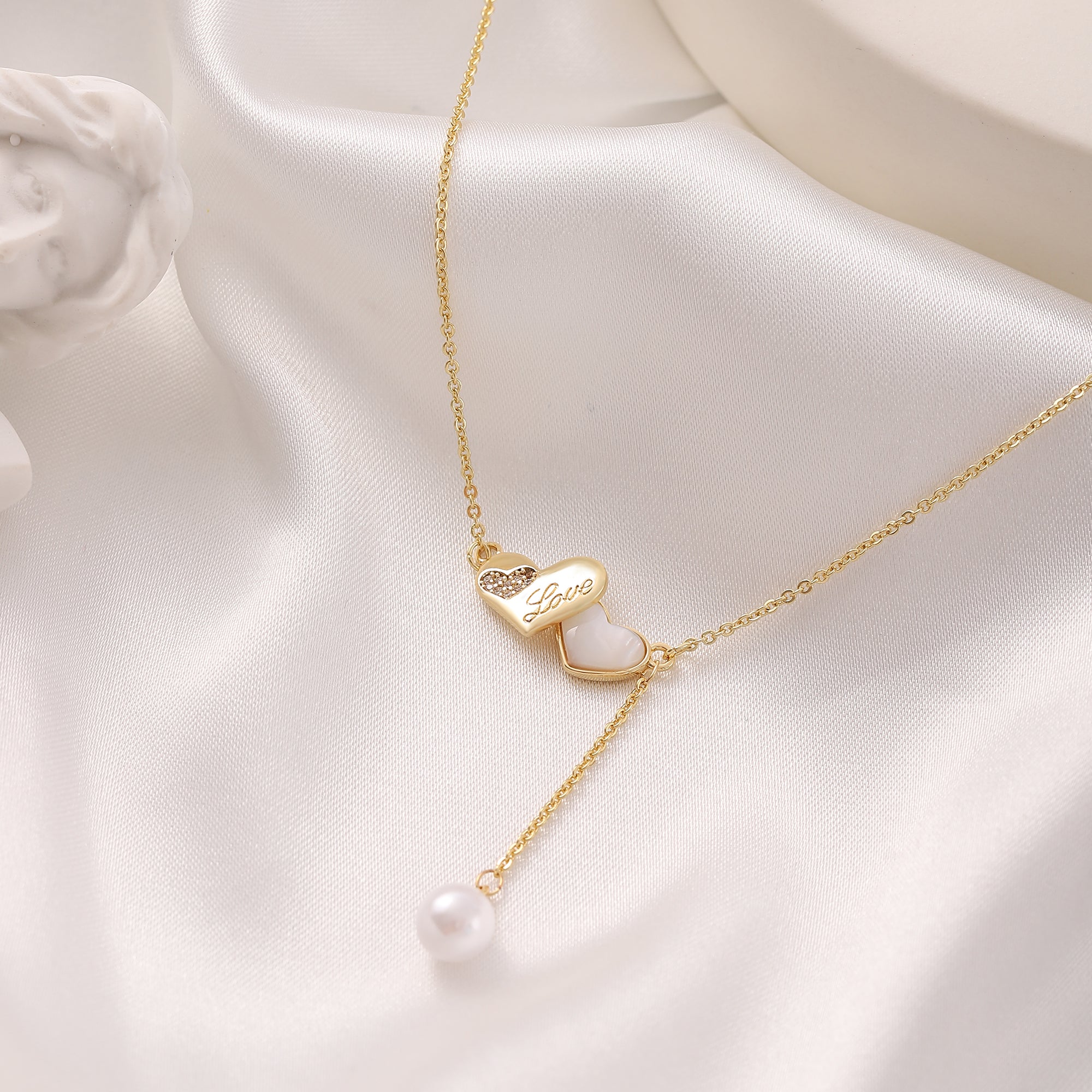   Double Heart Pearl Pendant Necklace for Women-A Loves Gift