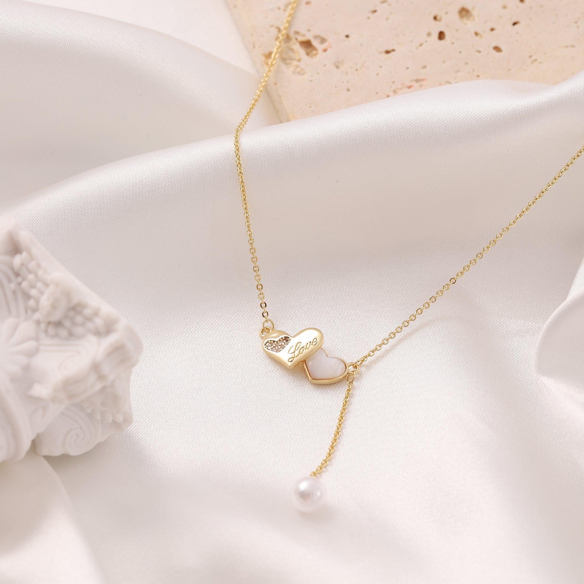   Double Heart Pearl Pendant Necklace for Women-A Loves Gift