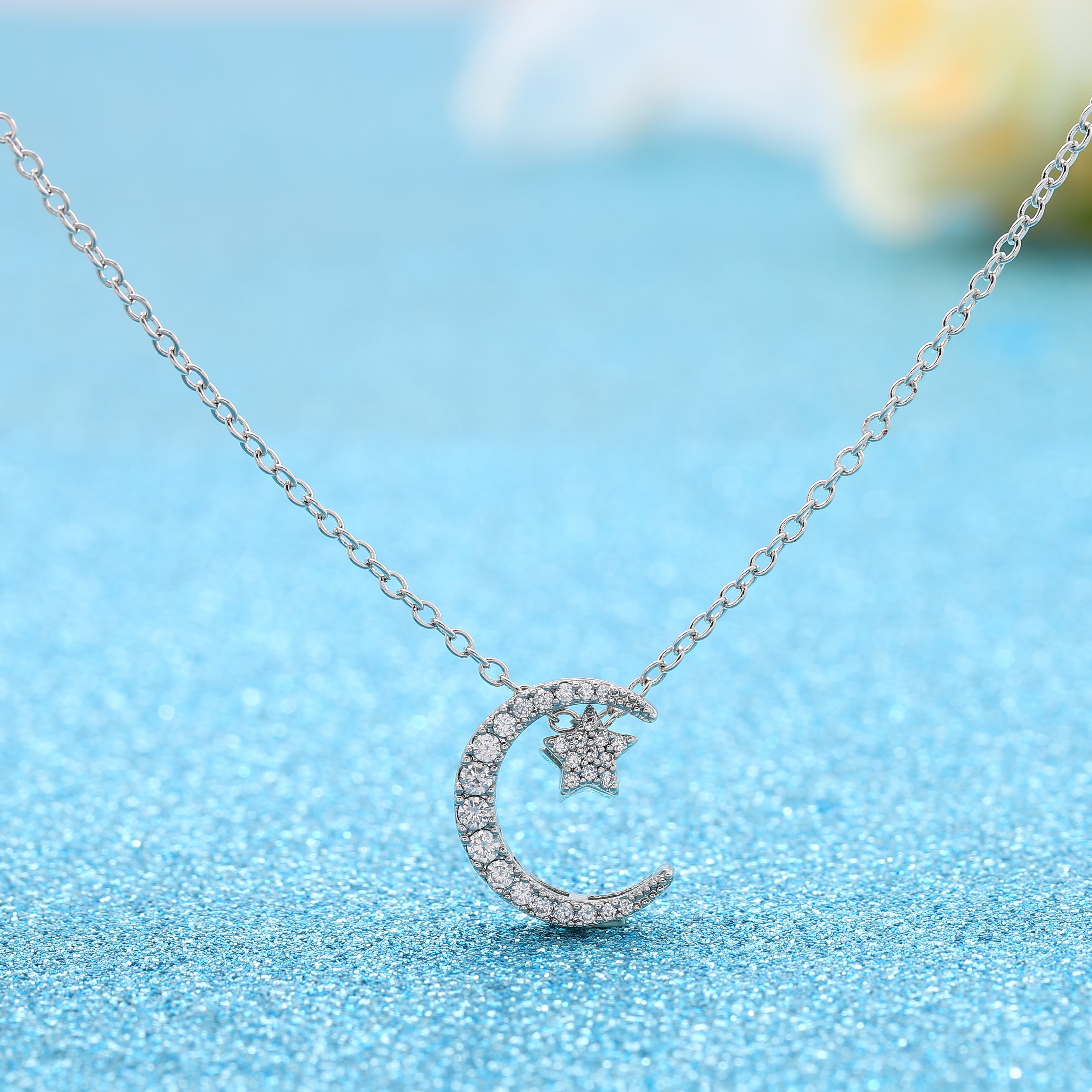 Cubic Zirconia Crescent Moon Star Pendant Necklace for Women-A Loves Gift