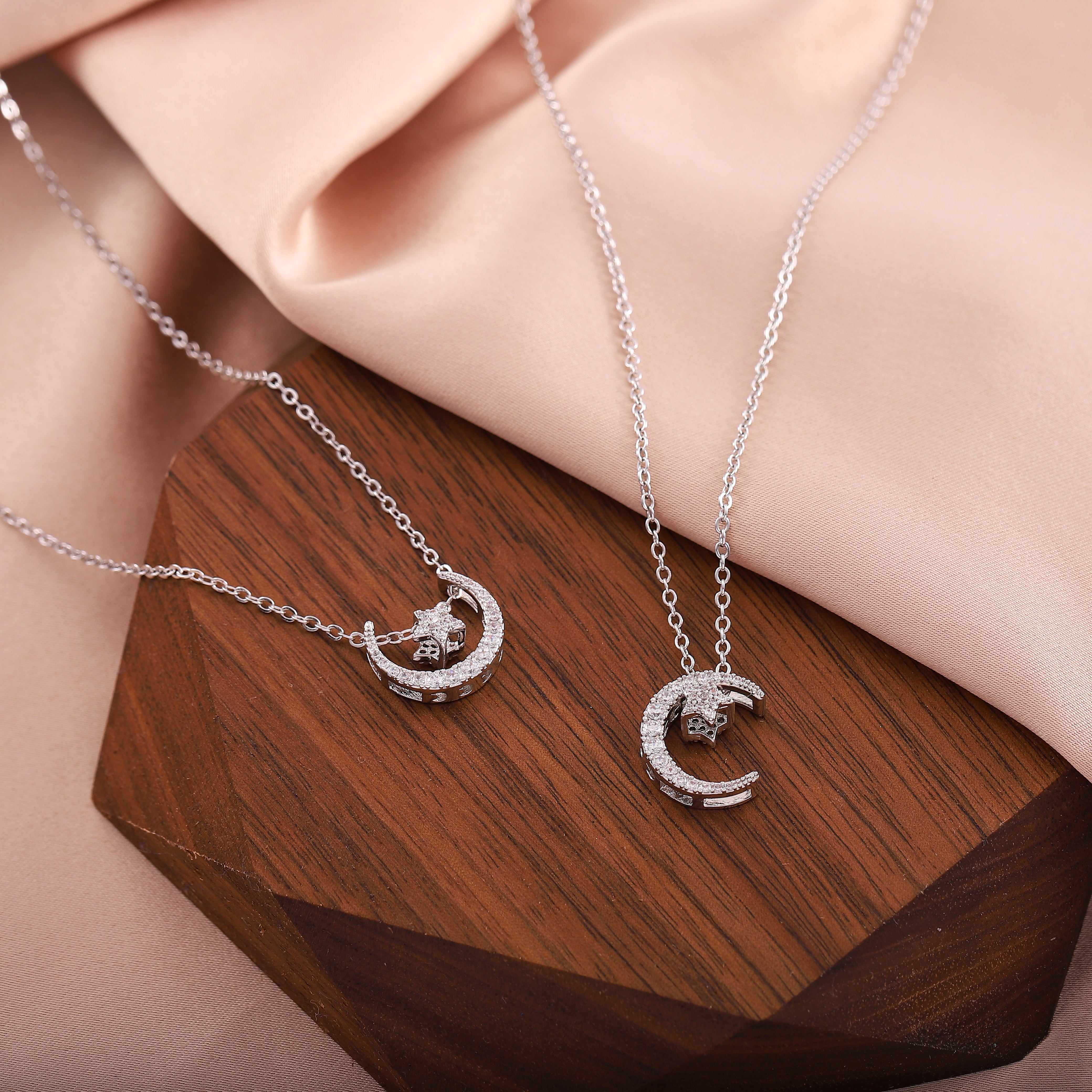 Cubic Zirconia Crescent Moon Star Pendant Necklace for Women-A Loves Gift