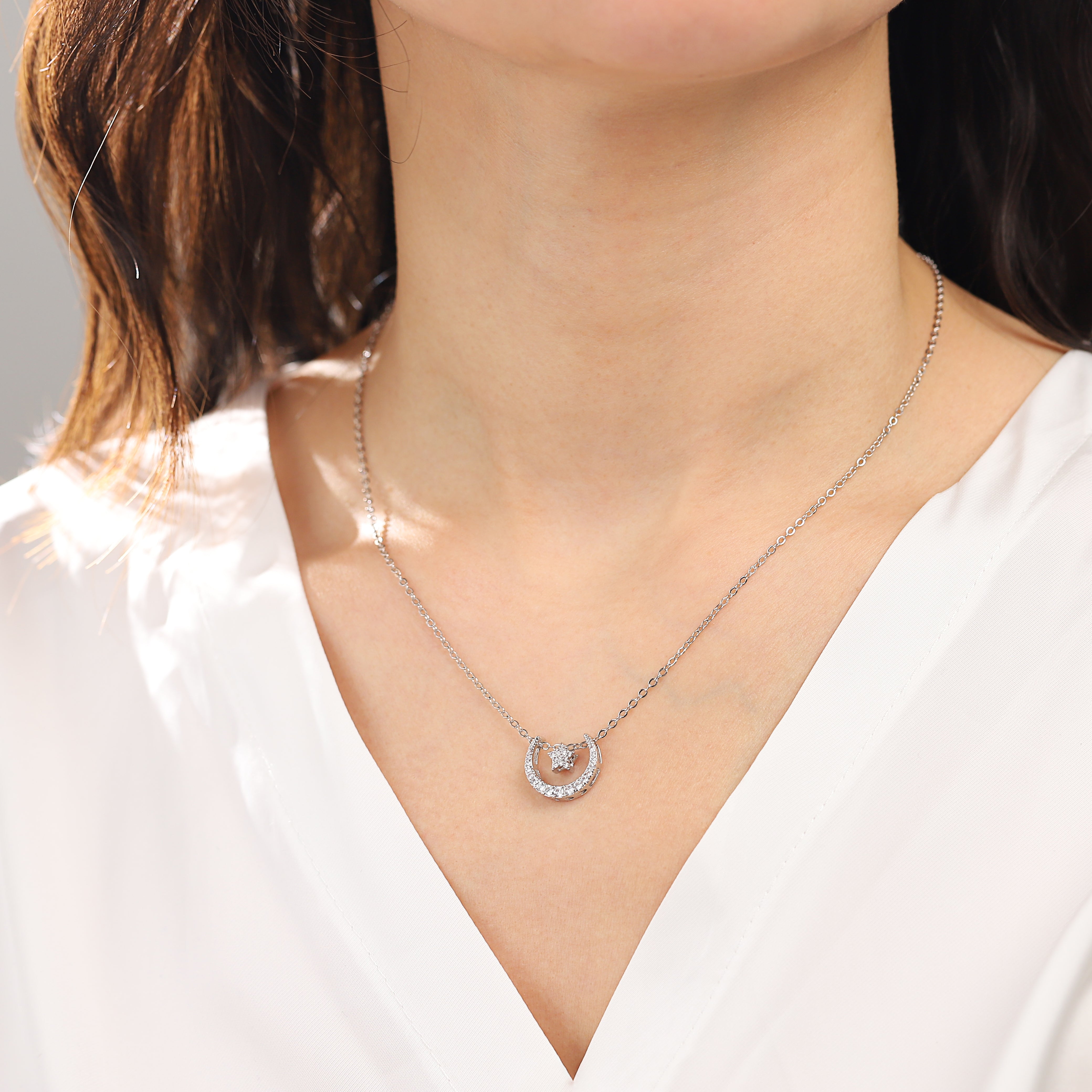 Cubic Zirconia Crescent Moon Star Pendant Necklace for Women-A Loves Gift