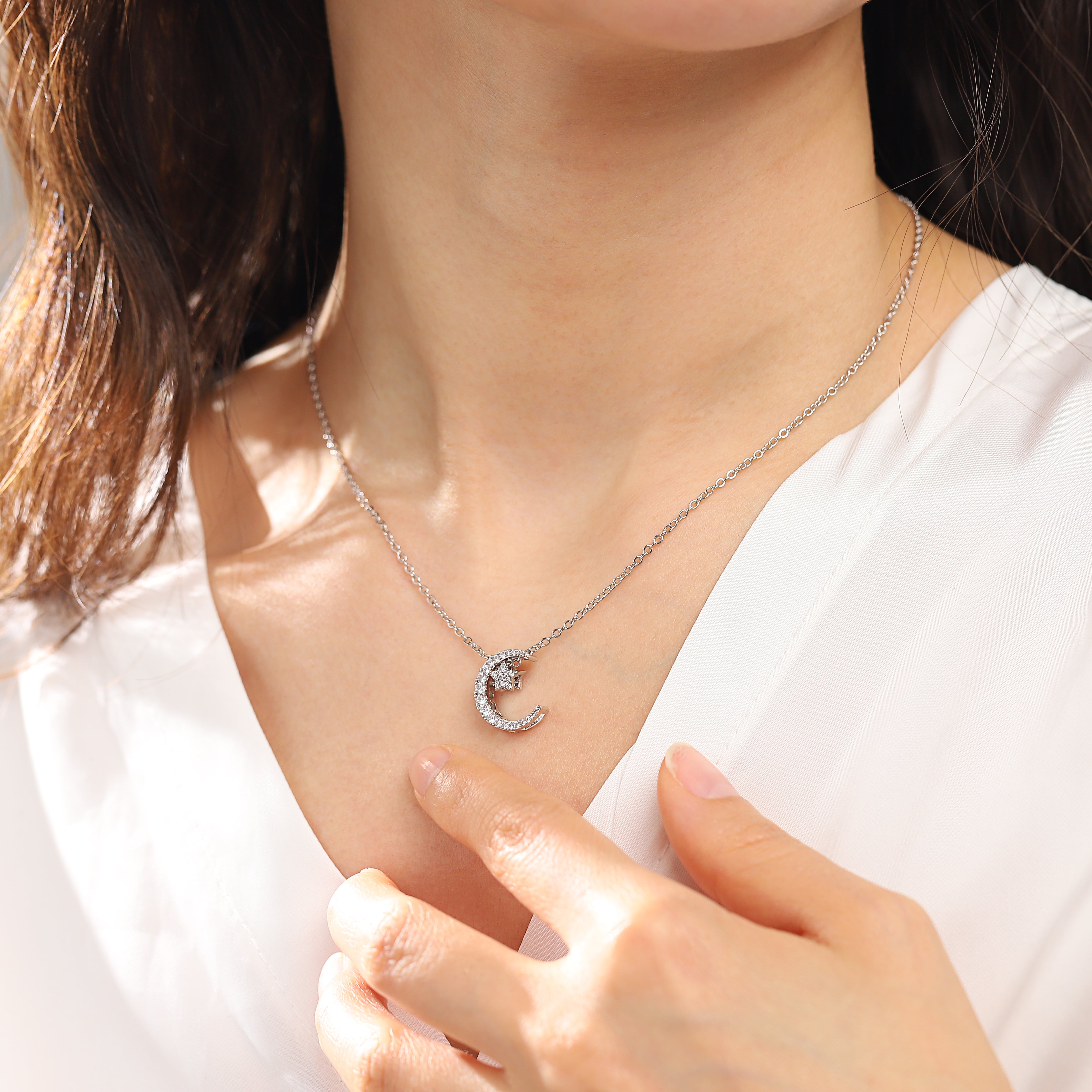 Cubic Zirconia Crescent Moon Star Pendant Necklace for Women-A Loves Gift