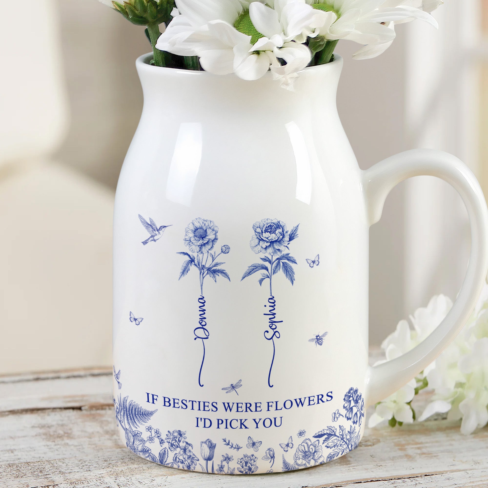 If Besties Were Flowers I'd Pick You - Toile De Jouy Birth Flowers - Personalized Ceramic Flower Vase