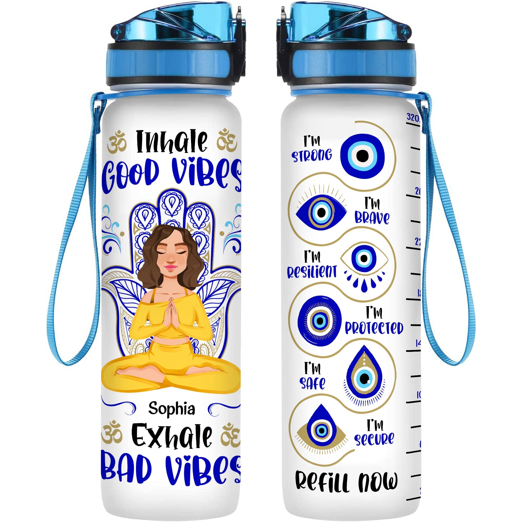 Inhale Good Vibes , Exhale Bad Vibes - Personalized Water Bottle With Time Marker
