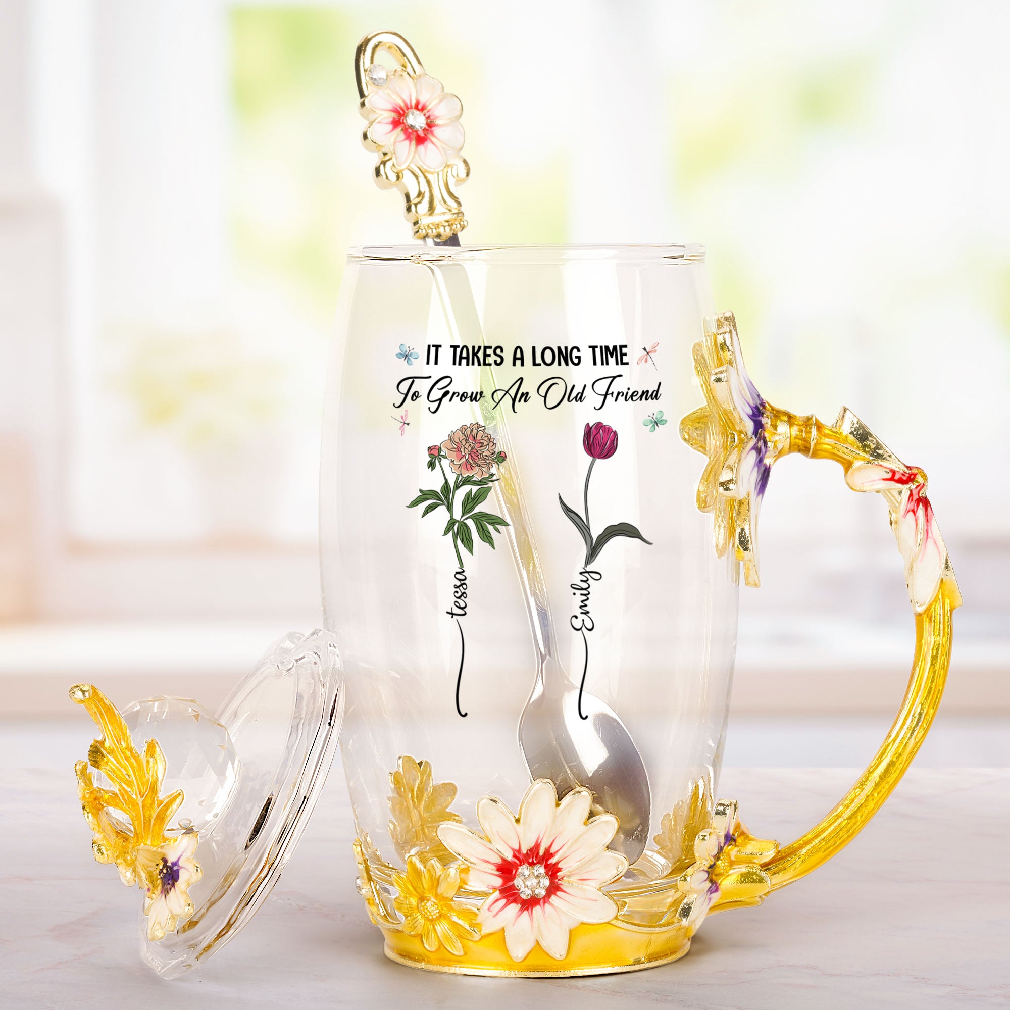 It Takes A Long Time To Grow An Old Friend - Personalized Enamel Flower Tea Cup