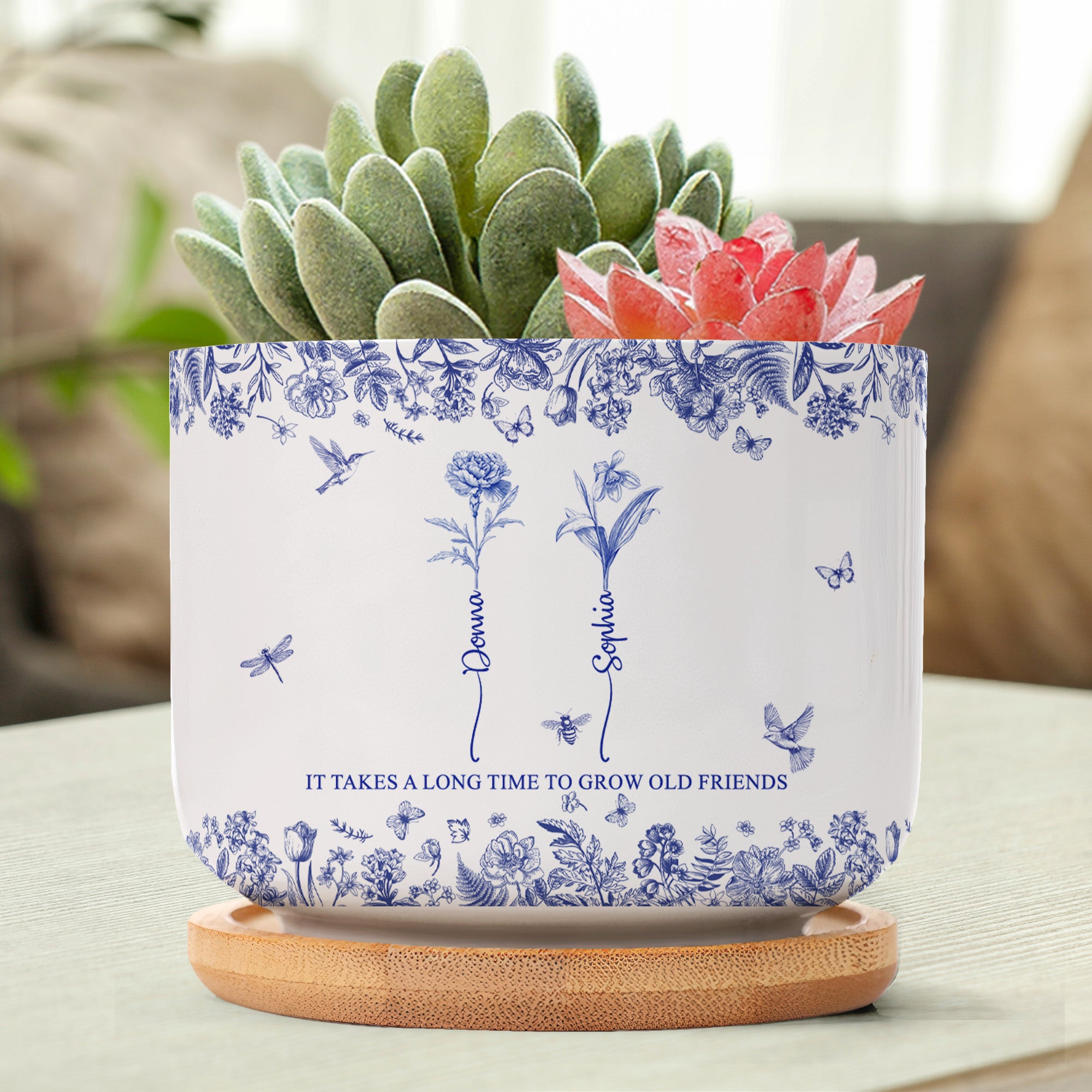 It Takes A Long Time To Grow Old Friends - Toile De Jouy Custom Birth Flower - Personalized Ceramic Plant Pot With Tray - Gift For Friend