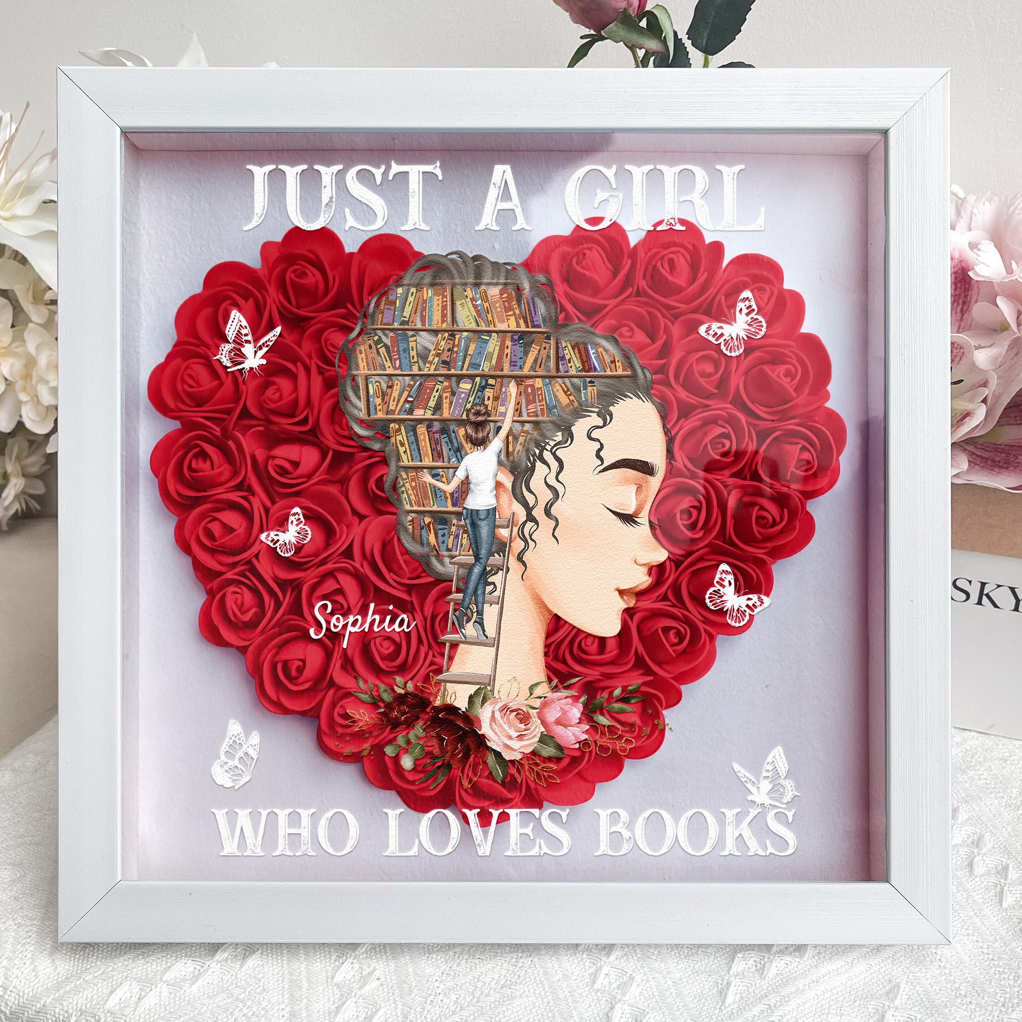 Just A Girl Who Loves Books - Personalized Flower Shadow Box