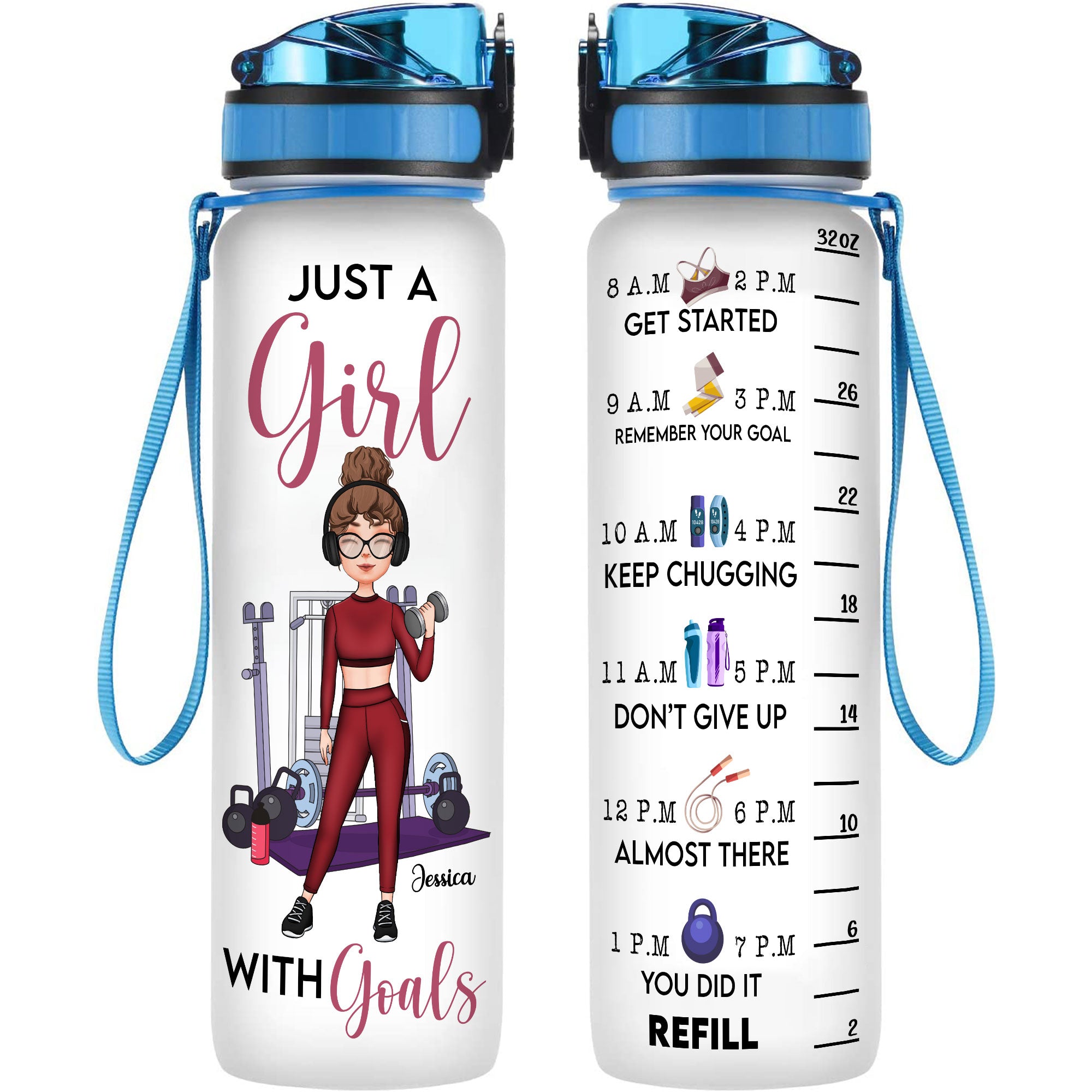 Just A Girl With Goals  - Personalized Water Bottle With Time Marker - Birthday, Motivation Gift For Her, Gymer, Fitness Lover