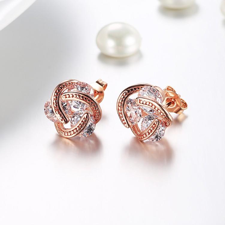 Swarovski Crystal Knot Stud Earrings Set in Rose Gold - Riakoob Jewelry www.goldennycjewelry.com fashion jewelry for women