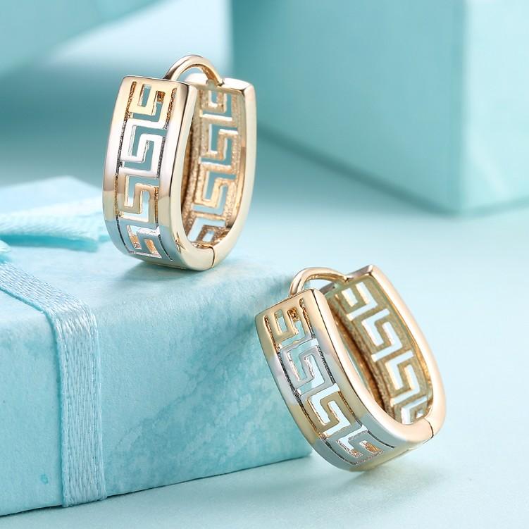 Greek Medallion Duo Toned Huggie Hoop Earrings Set in Silvertone - Riakoob Jewelry