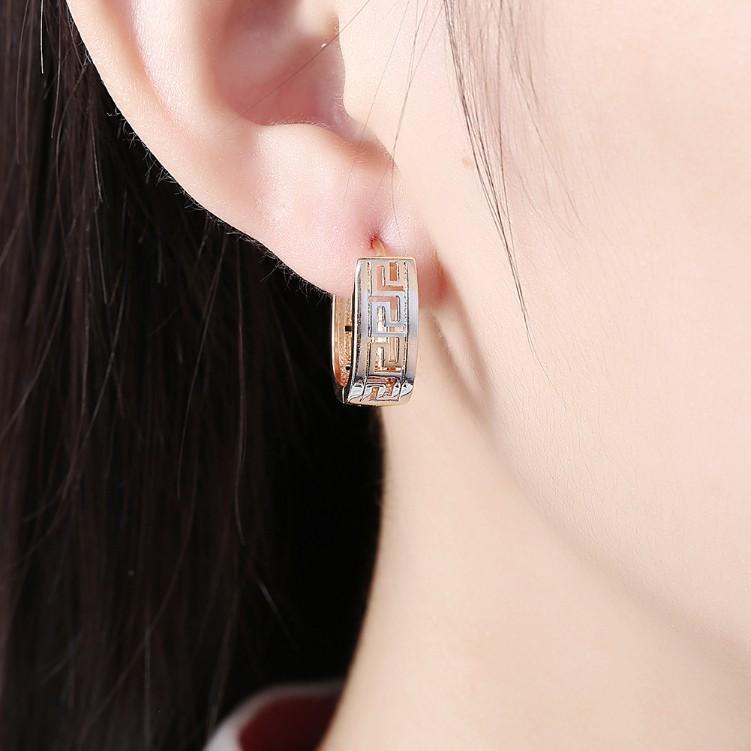 Greek Medallion Duo Toned Huggie Hoop Earrings Set in Silvertone - Riakoob Jewelry