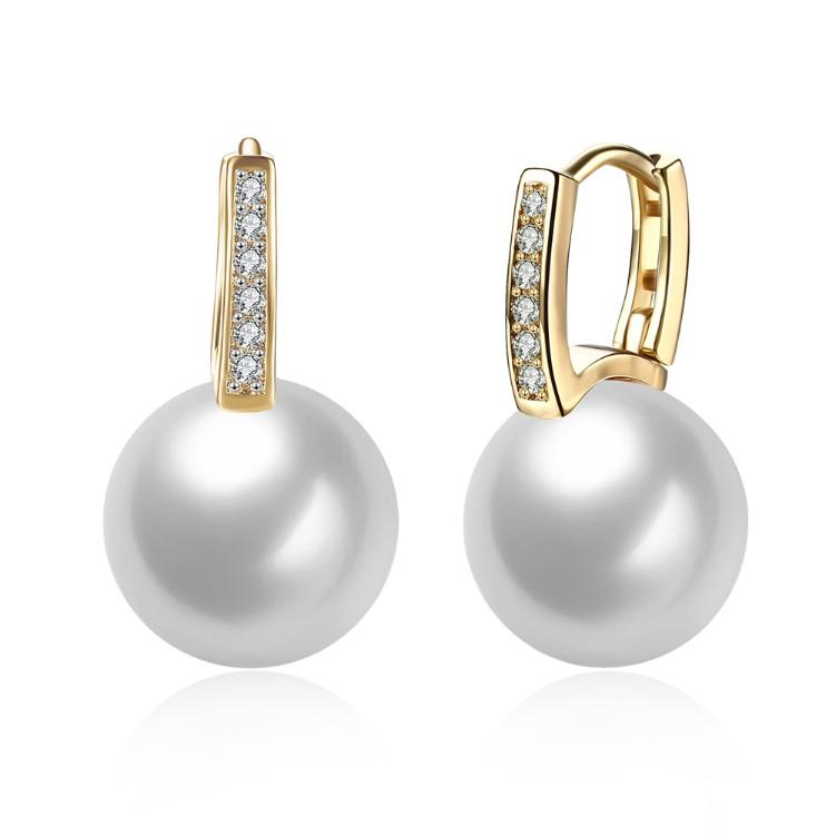 Micro-Pav'e Luxe Crystal Curved Pearl Huggie Earrings Set in Goldtone - Riakoob Jewelry