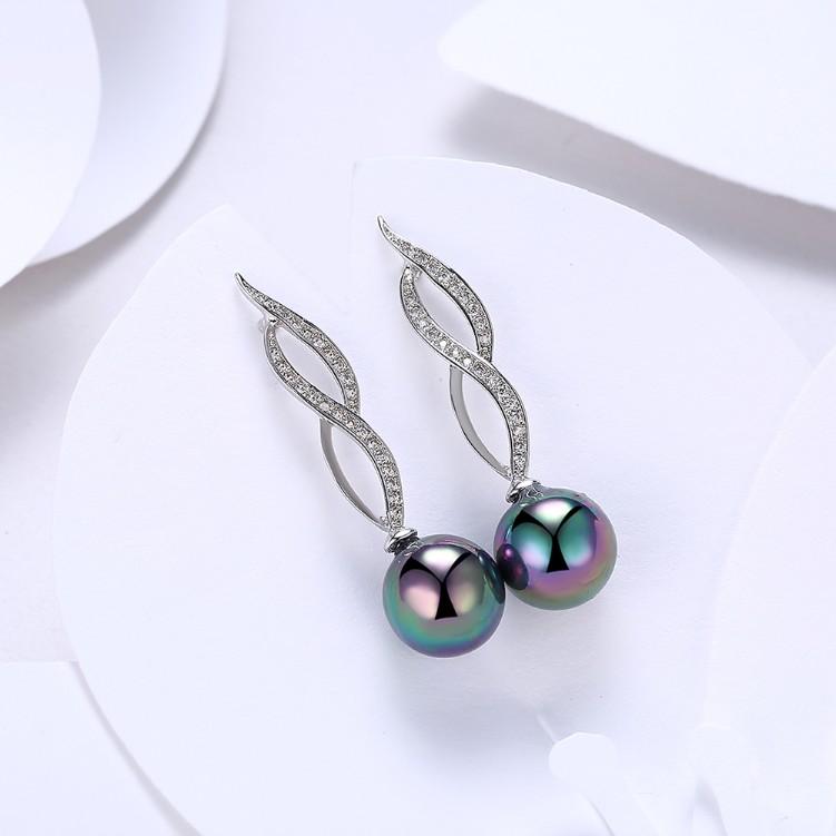 Micro Pav'e Created Dimaond Curved Inception Akoya Pearl Dangling Earrings Set in Silvertone - Riakoob Jewelry