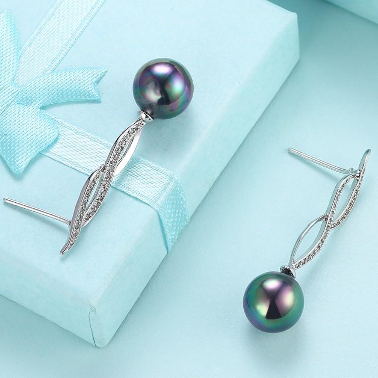 Micro Pav'e Created Dimaond Curved Inception Akoya Pearl Dangling Earrings Set in Silvertone - Riakoob Jewelry