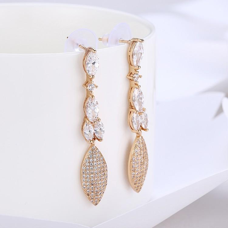 Luxe Crystal Micro-Pav'e Dangling Pear Shaped Earrings Set in Goldtone - Riakoob Jewelry