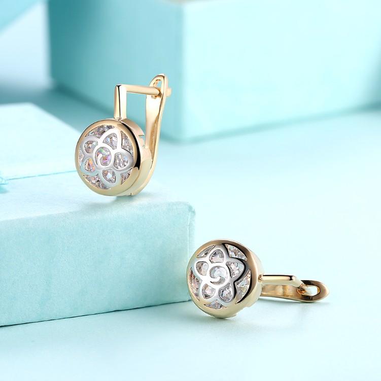Floral Inprint Circular Leverback Earrings Set in Goldtone - Riakoob Jewelry
