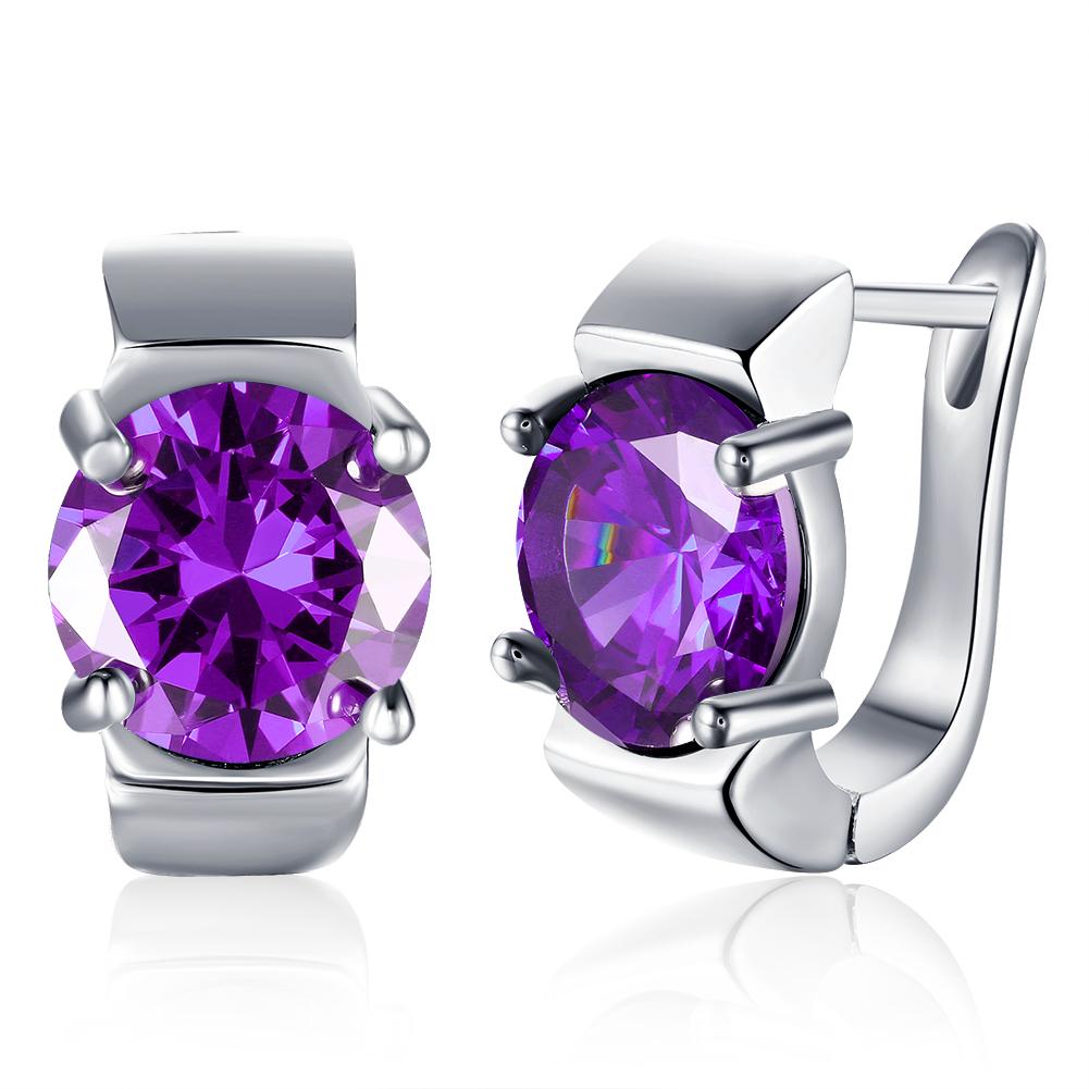 Created Amethyst Metallic Leverback Earrings Set in Silvertone - Riakoob Jewelry